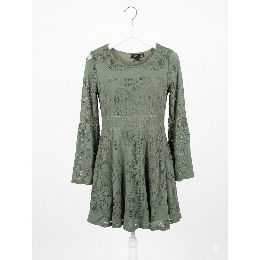 Catch Me Sage Green Lace Bell Sleeve‎ Fit & Flare Mini Dress Womens Large